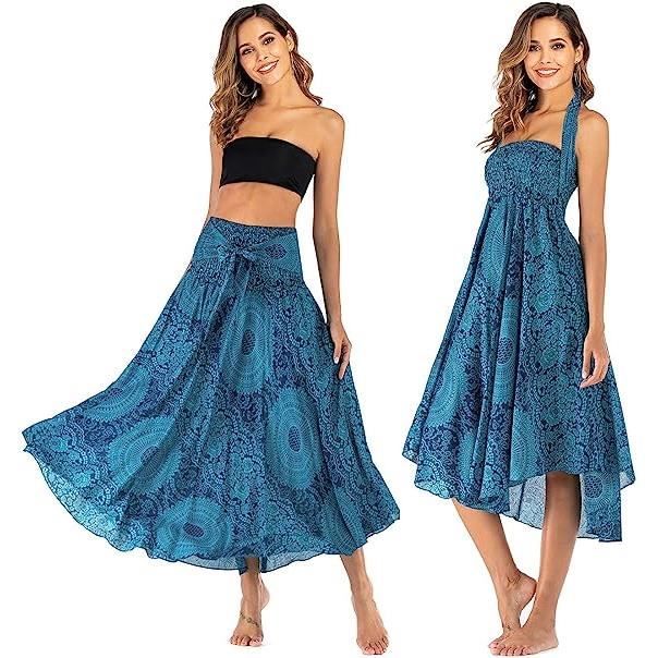 2 en 1 Jupon Femme Long Taille Haute Longue Maxi Jupe Boheme Tour de Taille Elastique Jupe Maxi Decontractee L ete Plage bleu Bleu Cdiscount Pret a Porter