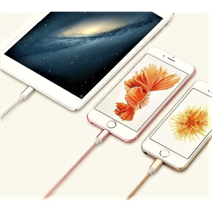Pack chargeur pour iphone se 2020 lightning (cable tresse 3m chargeur +  prise secteur usb) murale android universel (rose bonbon)
