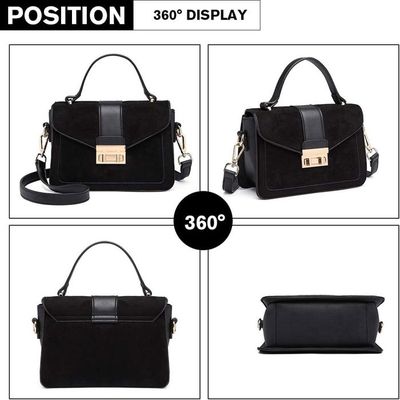 Sac à Bandoulière Miss Lulu - Faux Cuir Noir - Style Messenger - Poches Multiples - Idée Cadeau Femme