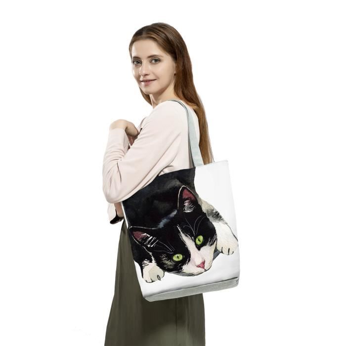 sac main HL1305 CAT Sac Main Personnalis En Aquarelle Pour Femmes Peinture De Chat Noir Fourre tout