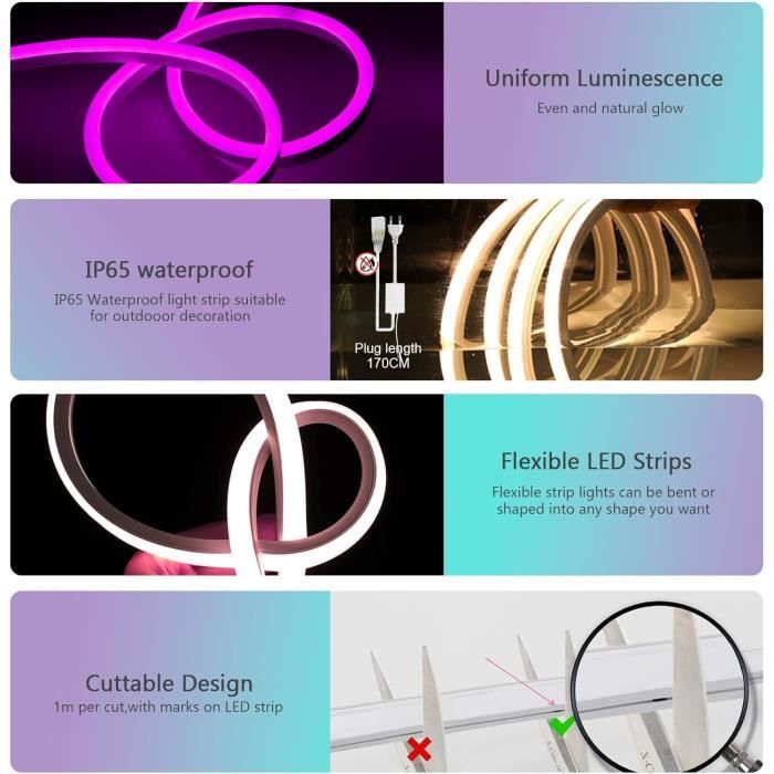 YOODI RGB Neon Ruban LED 2M, 220V Bande LED Flexible IP65 étanche  Multicolore Ruban LED par APP, Télécommande, Synchronisation d96 -  Cdiscount Maison