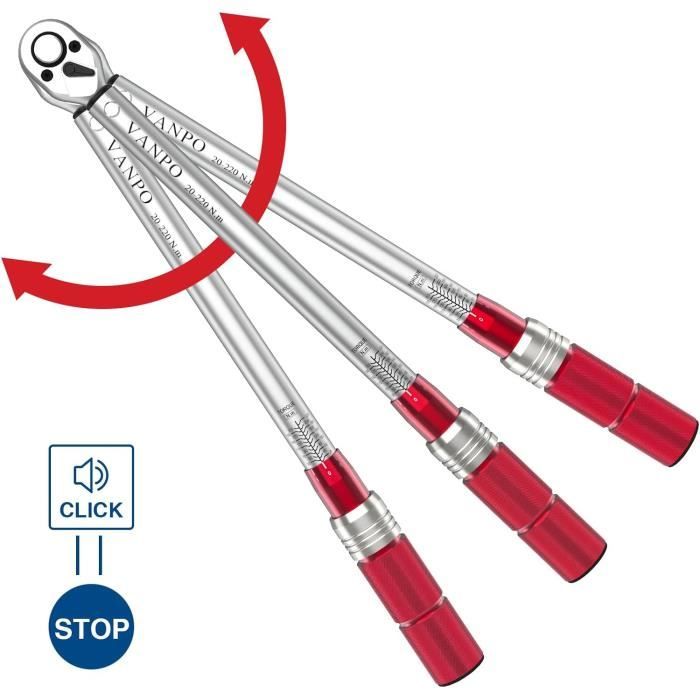 Clé Dynamométrique 1/2" 20-220 Nm VANPO - 72 Dents - Jeu 3 Pièces Avec Barre D'extension Et Adaptateur