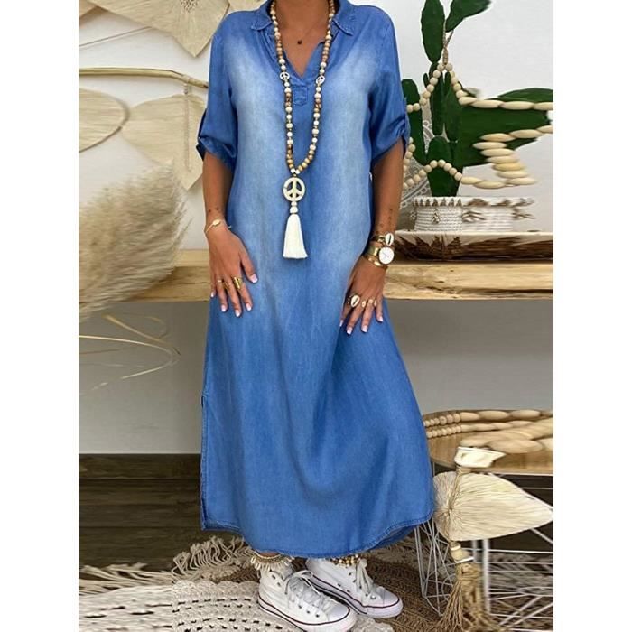 Minetom Robe t Femme De Plage R tro Denim Robes Col V Casual Tuniques Ample Chemise Longue Chemisier en Jean Maxi Robe