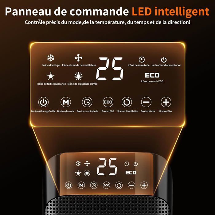 Chauffage D'appoint 2200W Avec Oscillation 180° - 3 Modes - Écran Tactile LED - Télécommande - Minuterie 24h