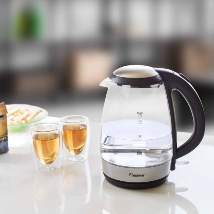 Bouilloire électrique Bestron 1,7L 2200W - Arrêt Auto, Sécurité Sèche, Bec Verseur, Graduations - Noire, Rapide
