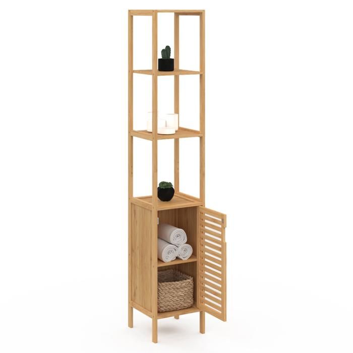 IDMarket Meuble Colonne Salle De Bain Bambou BEA 1 Porte - Rangement 170cm