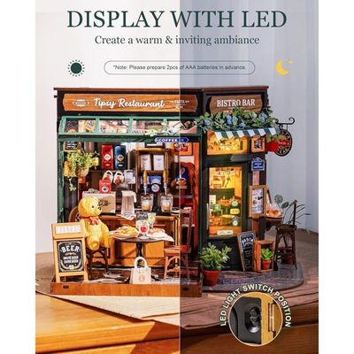 ROWOOD – Maison De Poupée Tipsy Restaurant – Kit DIY Miniature En Bois – Réplique De Bistro Classique – Assemblage Par Encastrement – Éclairage LED Inclus – Cadeau Unique Pour Noël