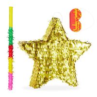 3 tlg. Pinata Set Stern, mit Stock und Maske, Piñata für Kinder & Erwachsene, zum selbst Befüllen, Pinata Zubehör, gold