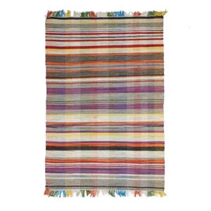 TAPIS DE COULOIR TRIBAL - Tapis artisanal en laine réversible à rayures style tribal 140 x 200 cm Gris/Multicolore