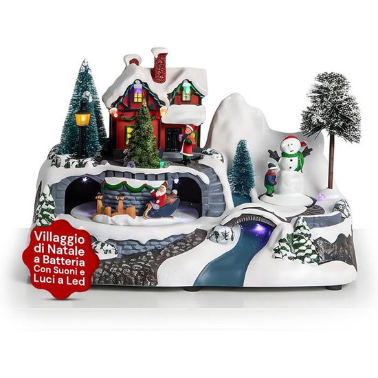 Maison De Village De Noël Lumineuse Avec Ski Rotatif - LED Et Musique - 16x10.5x14 Cm - Alimentation Piles Ou USB - 7