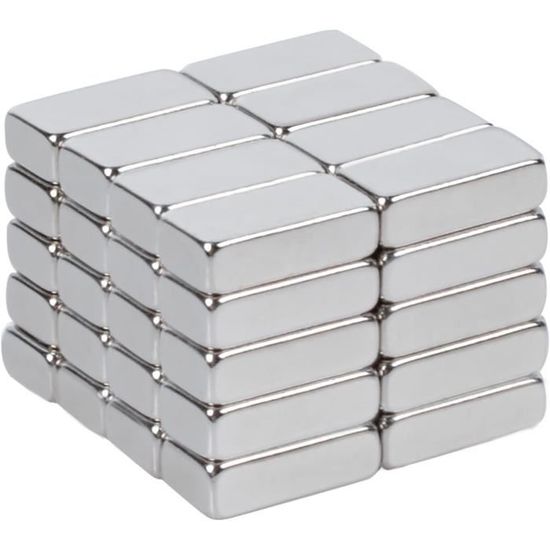 Aimants Puissants En Néodyme - Lot De 6 Aimants Rectangulaires 20x10x5 Mm, Triple Revêtement Nickel - Pour Frigo, Tableau Magnétique, Bricolage, Fixation