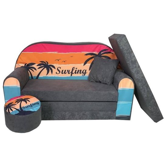 Sofa enfant convertible - FORTISLINE - Surfing - Gris - Tissu microfibre - Mousse polyuréthane