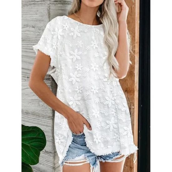 Chemise D'Été Femme En Coton Et Lin - Tunique à Manches Courtes - Coupe Ample - Coloris Uni - Pour Sortie, Vacances, Quotidien