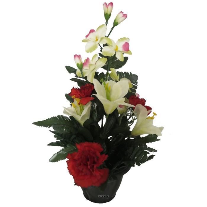Composition pot d'oeillets, de lys et d'orchidées artificielles, lestée, H 40 cm, D 27 cm Rouge
