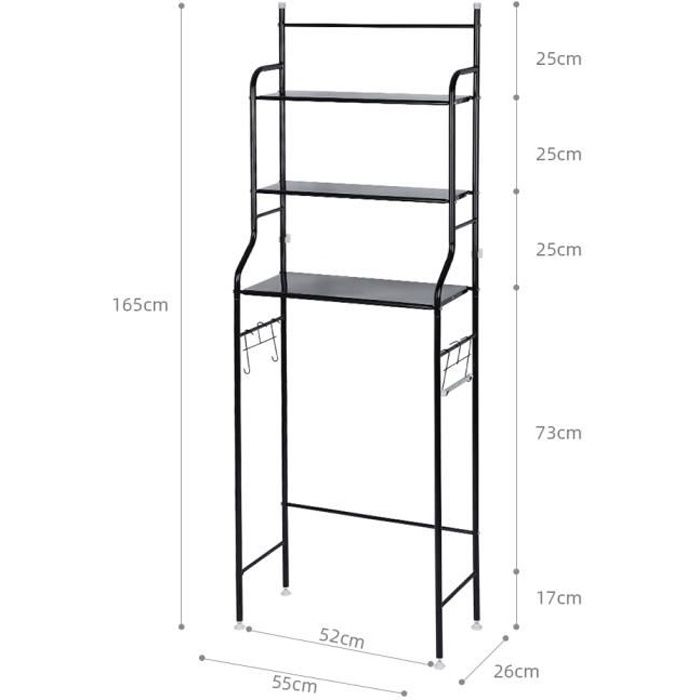 AG Etagère de salle de bain meuble de rangement au-dessus des toilettes wc ou lave-linge avec 3 tablettes, en métal laqué noir