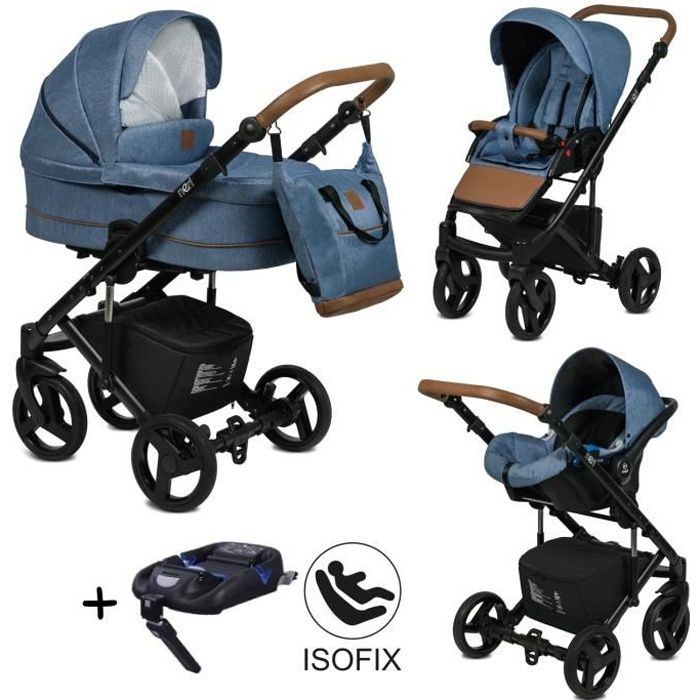 Poussette Combinée Trio 3 en 1 Neri ISOFIX Denim – Landau, poussette promenade, siège auto Groupe 0+ - Livrée avec ses accessoires.