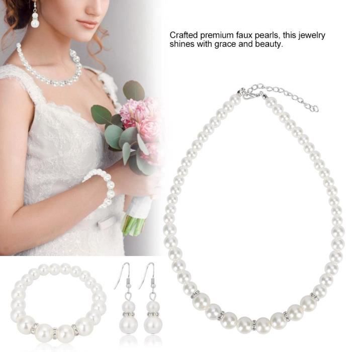 Qiilu ensemble de bijoux de mariée de mariage Faux collier de mariage de perle boucle d'oreille Bracelet ensembles de bijoux de