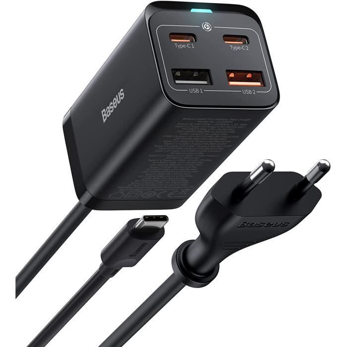 Baseus Chargeur USB C Rapide 65W，4-Ports [2USB-C + 2USB] avec 5ft AC Câble pour MacBook Pro/Air, USB-C Laptop, iPhone 13/12, Samsung