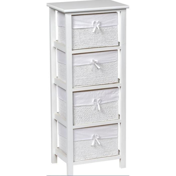 Meuble bois 4 paniers papier tressé - Blanc