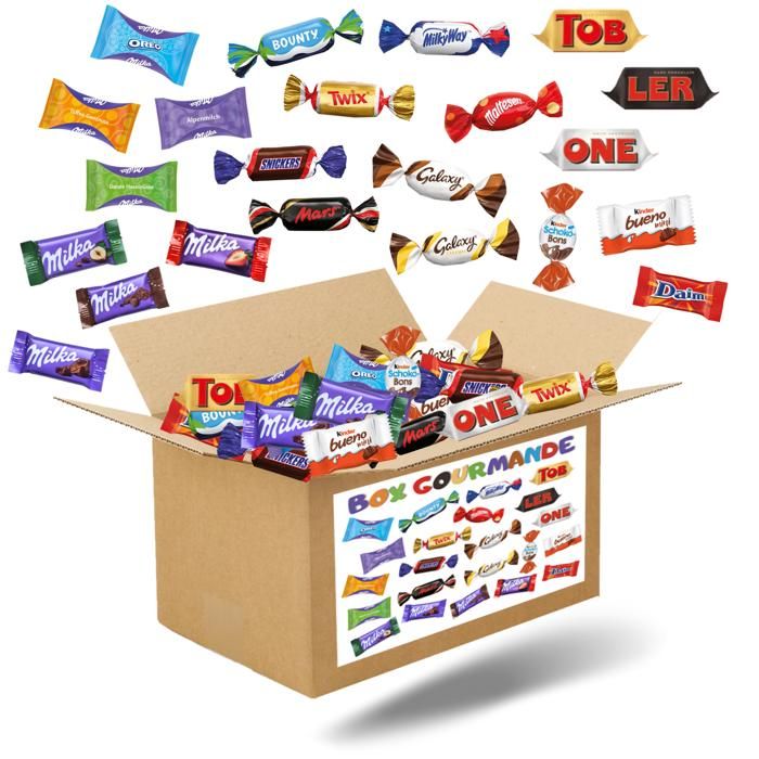 Box gourmande- Assortiment de 500 mini chocolats Célébrations, Kinder Bueno, Schokobons, Milka, Daim, Cémoi