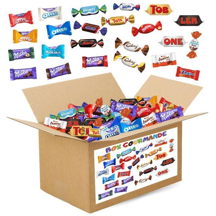 Box gourmande- Assortiment de 500 mini chocolats Célébrations, Kinder Bueno, Schokobons, Milka, Daim, Cémoi