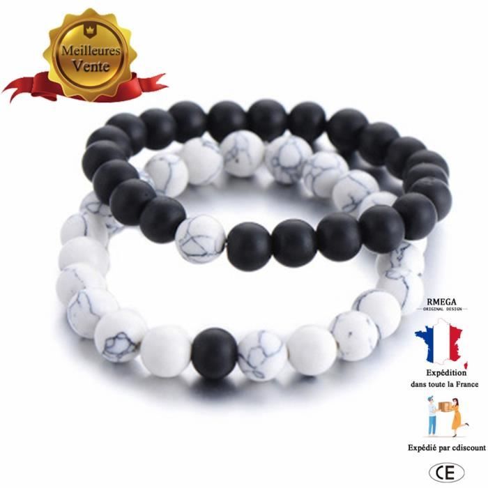 RMEGA® Coffret Cadeau Bracelet Homme Femme Ensemble Couples Distance Bracelet Classique En Pierre Naturelle Blanc et Noir Perlée