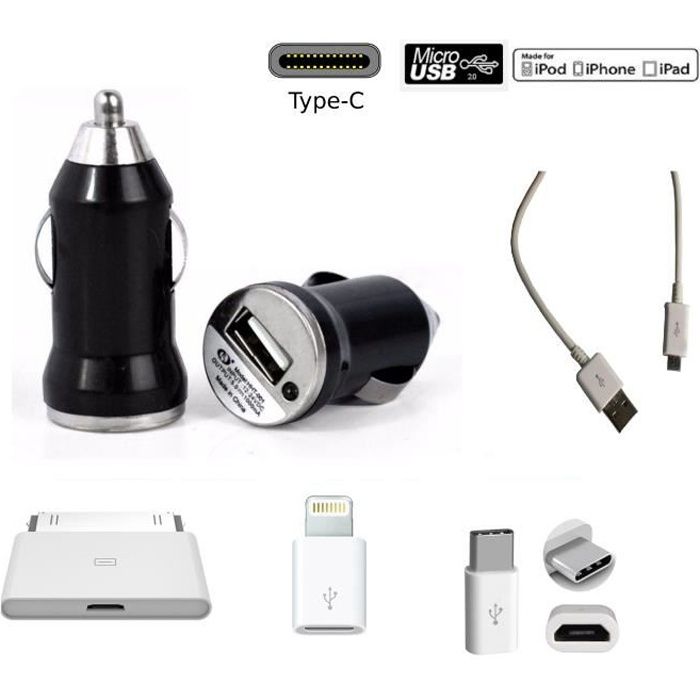 Chargeur allume cigare USB 4 en 1 : Micro USB – USB type C – Iphone - prise Iphone - Noir