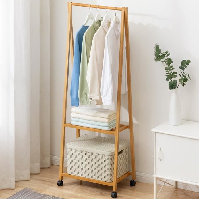 VINTEKY® Penderie/Portant à vetement solide en bois bambou, avec 2 étagères de rangement et roulettes 50x32x149cm - Naturel