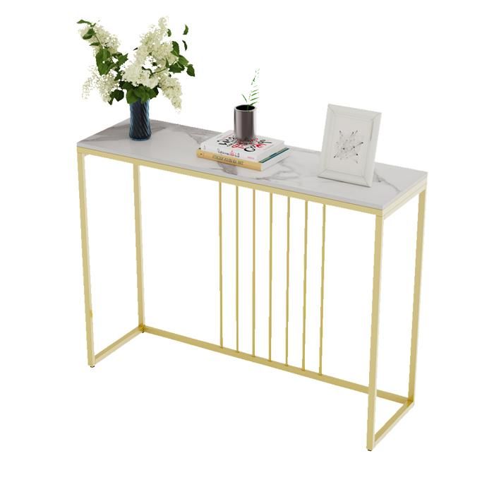 Console Meuble Entrée en Marbre - Table Console Blanche Meuble d’Entrée Bout de Canapé Doré Pour Couloir Salon - 100x30x78.5cm