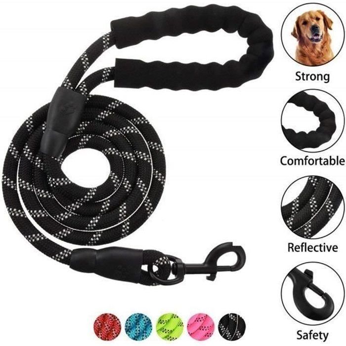 Laisse pour chien - Nylon - Réglable - Réfléchissante - 15 m - Noir