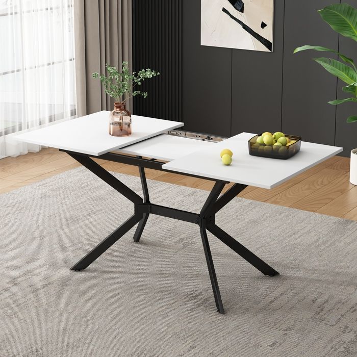 Table à manger extensible 120/160x80cm - pieds de table en métal noir - rectangulaire blanche - convient pour quatre à six