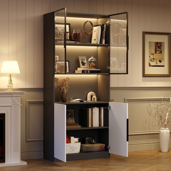 Colonne Salle de Bain avec 4 Ports et LED Armoire Salle de Bain avec Étagères Réglables Armoire Haute 80x30x200cm Noir