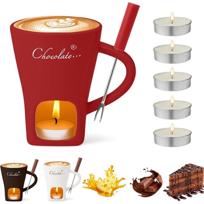 Lot de tasses à fondue au chocolat en céramique de 130 ml avec photophore et fourchettes convient pour le fromage le chocolat