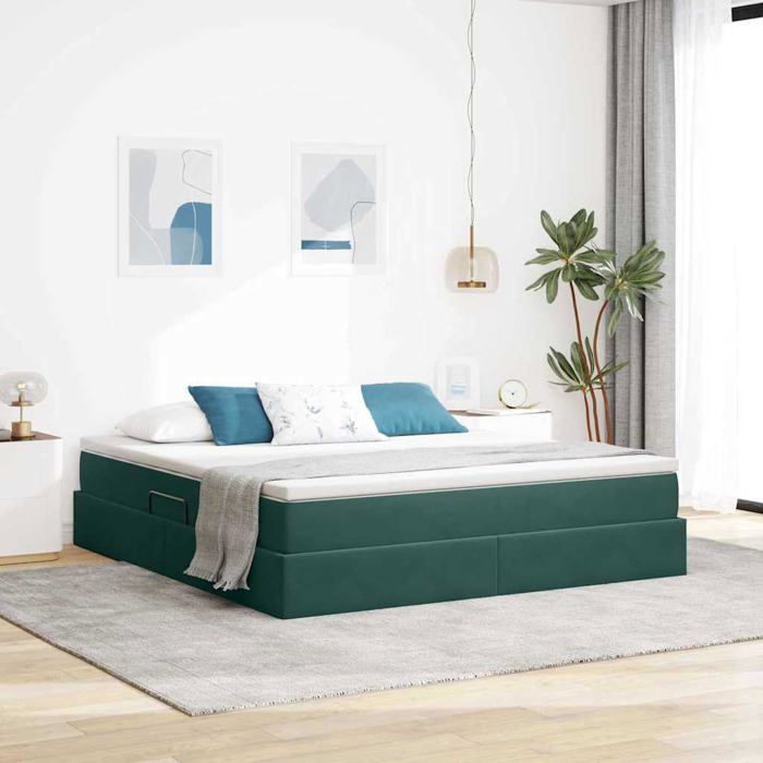 Lit avec rangement et matelas - vidaXL - 160x200 cm - Velours - Vert foncé - Cadre métallique - Base à lattes