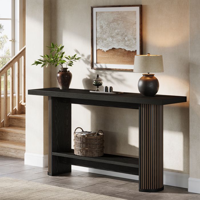 Table ConsoleLittle Tree140x30x80 cmTable dEntrée Étroite avec 2 Étagères Pour SalonCouloirEntréeModerneNoir