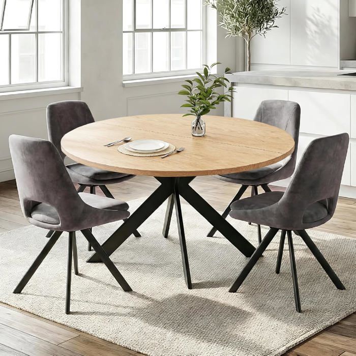 JIEXI Table de salle à manger ronde et 4 chaises plateau en chêne MDF avec pieds araignées en métal