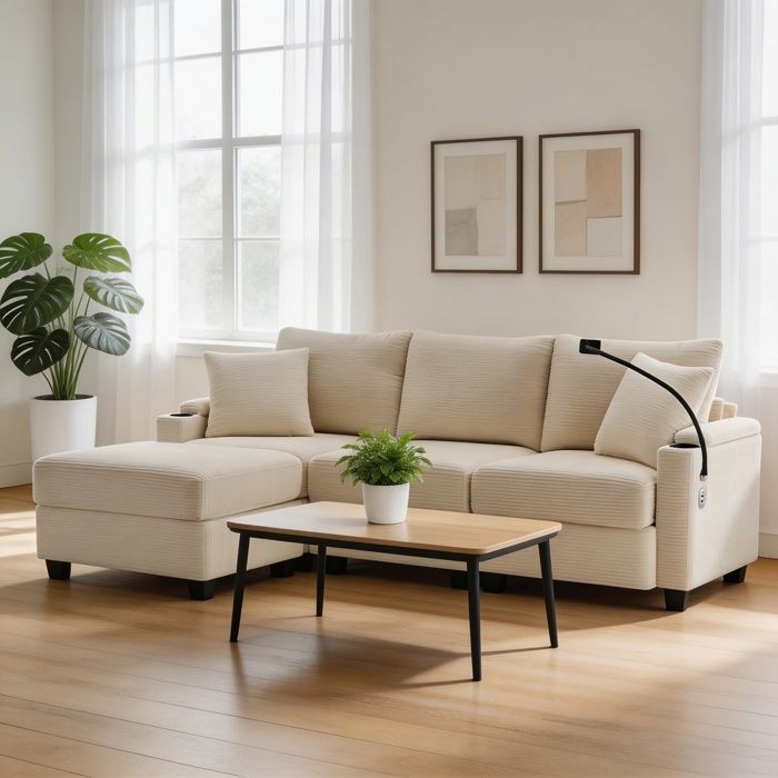 Canapé dangle convertible - N653P313096W - Tissu corde beige - USB intégré - Rangement & repose-pieds modulable