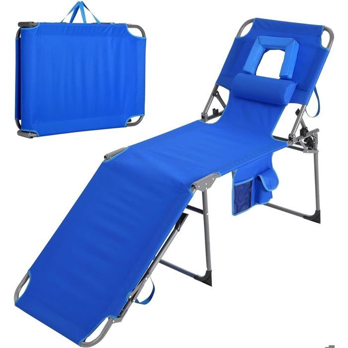 200cm Chaise Longue transat bain de soleil avec Dossier Réglable en 5 Positions fauteuil relax Transat De Plage Imperméable bleu