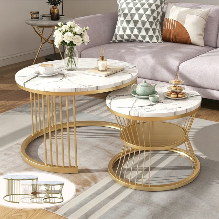 Lot de 2 Tables basses gigognes UTTQEW Moderne Tables dappoint Ronde Meuble de Salon Placage Marbre Métal Doré