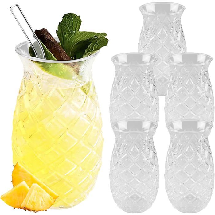 WANDGU Lot De 6 Verres à Ananas Transparents – 400 Ml, Relief Ananas, Pour Cocktail, Jus, Long Drink, Réutilisables