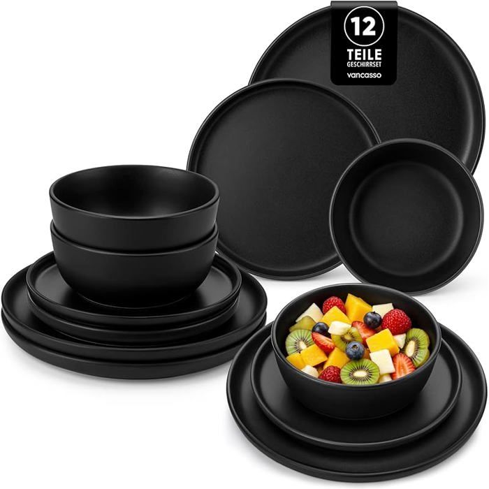 Série Service de Table 4 Personnes Set Vaisselle Noir en Grès 12 Pièces - 4 Assiettes Plates 4 Nior 12 Pièces 12 PIèCES SALADIER