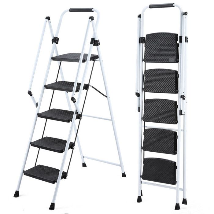 Escabeau 5 marches pliant blanctabouret escalier portable - avec pédales antidérapantes poignée sécurité charge maximale 150 kg