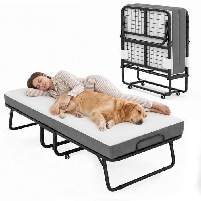 Lit Pliant 1 Personne 190 x 80 cm avec Matelas en Mousse à Mémoire Cadre de lit en Métal - Lit dAppoint à Roulettes - Charge 200Kg