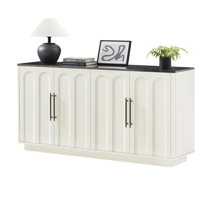 Buffet Blanc et Noir 4 Portes Finish Curved Groove Plateau Noir Effet Marbre Anti-Basculement Fermeture Amortie 160x40x80cm