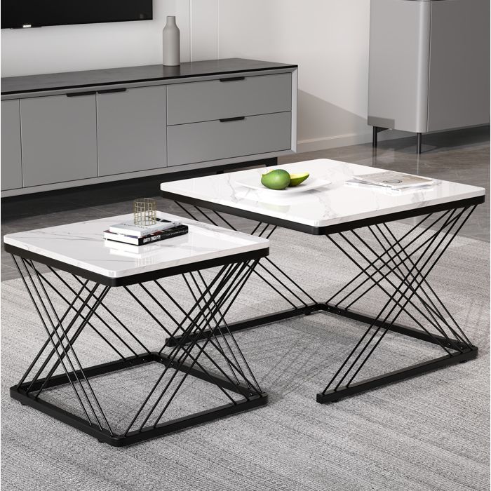 Lot de 2 tables basses carrées effet marbre brillant MDF avec pieds réglables blanc et noir design moderne ORVRYN