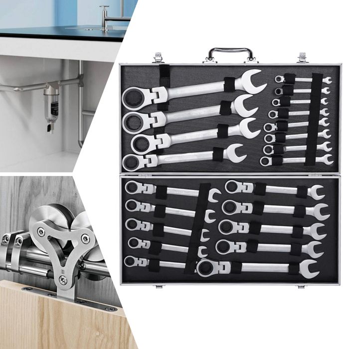 Lot de 22 clés à cliquet articulées avec clés polygonales et plates de 6 à 32 mm avec mallette de rangement