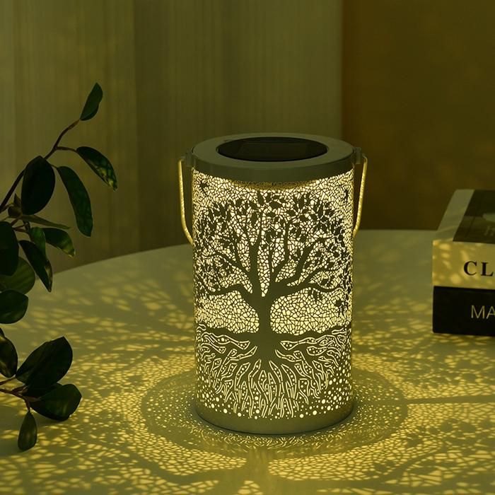 Lanterne solaire suspendue en fer blanc découpage arbre lampe décoration projection lumineuse étanche jardin terrasse extérieur