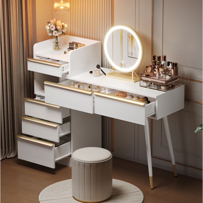 MEUBLIV Coiffeuse blanche avec miroir LED plateau extensible 6 tiroirs 100 x 41 5 x 102 cm