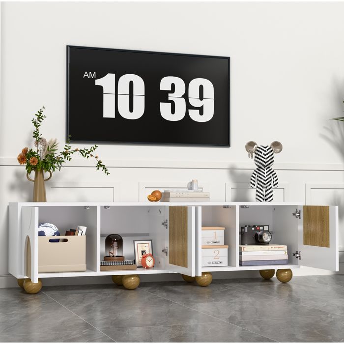 Meuble TV 4 portes 175 x 38 x 50 cm en MDF et panneaux de particules blanc et décor bois