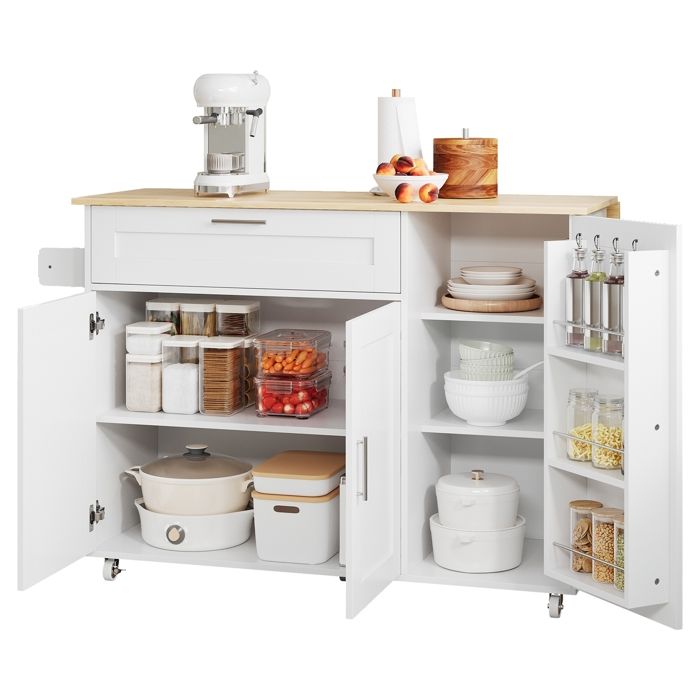 Îlot de Cuisine avec Plans de Travail Rabattable Chariot de Salle à Manger Desserte Cuisine à 5 Roulettes 132.5x44-70x 90cm Blanc